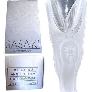 SASAKI Rare Crystal Flute Champagne Glass Set VTG Frosted Stem Base ANGEL DREAM